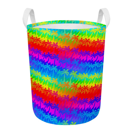 Rainbow Palm Tree Pattern Print Round Laundry Basket