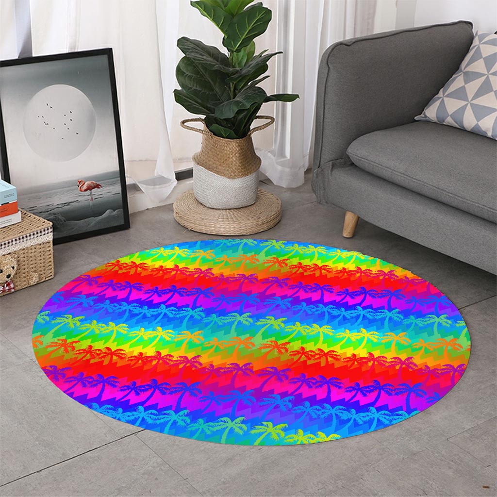 Rainbow Palm Tree Pattern Print Round Rug