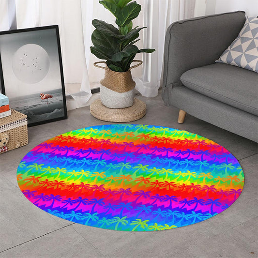 Rainbow Palm Tree Pattern Print Round Rug