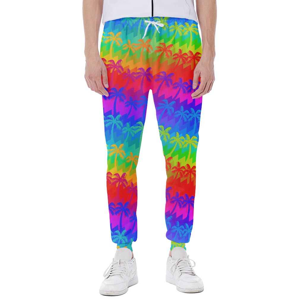 Rainbow Palm Tree Pattern Print Scuba Joggers