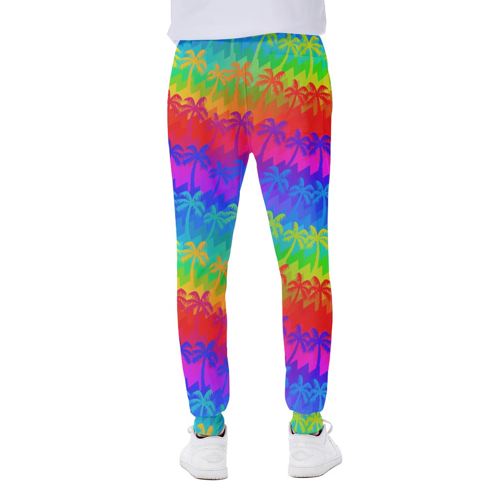 Rainbow Palm Tree Pattern Print Scuba Joggers