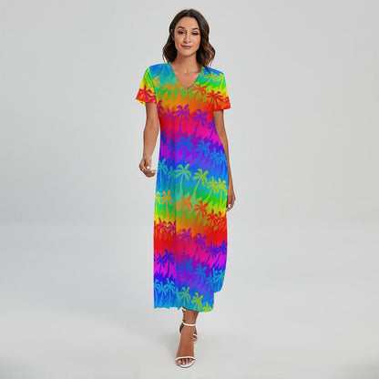 Rainbow Palm Tree Pattern Print Short Sleeve Maxi Dress