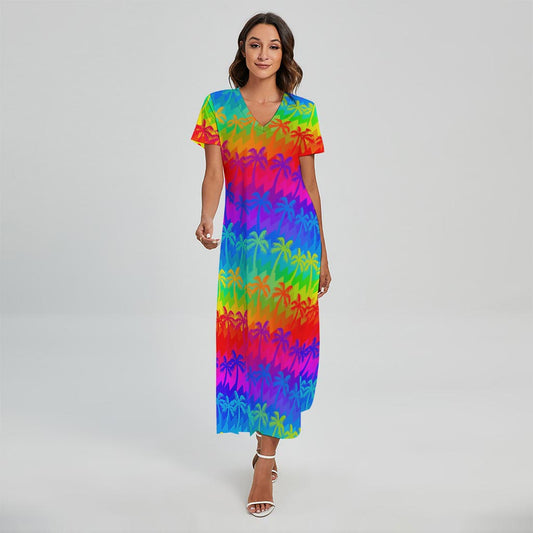 Rainbow Palm Tree Pattern Print Short Sleeve Maxi Dress