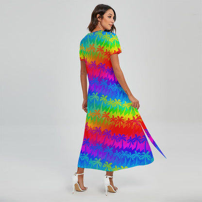Rainbow Palm Tree Pattern Print Short Sleeve Maxi Dress