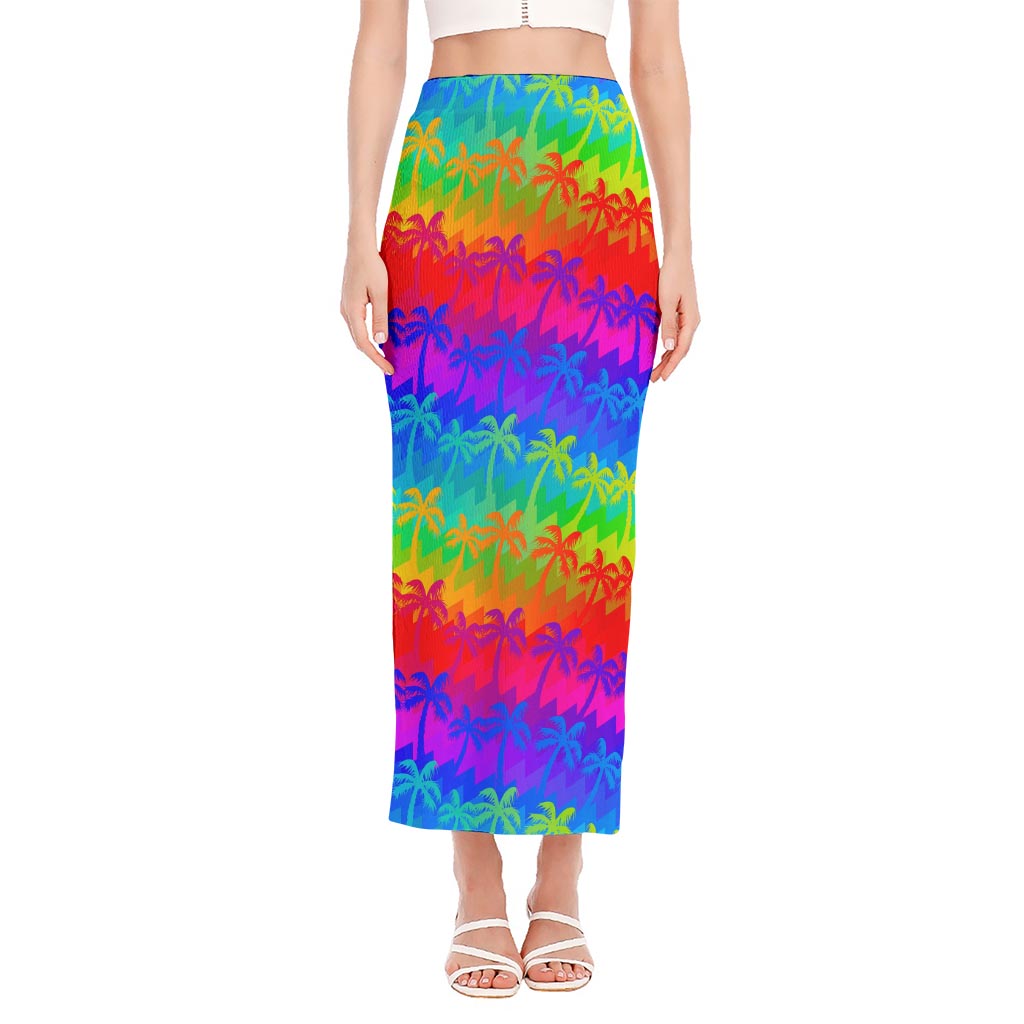 Rainbow Palm Tree Pattern Print Side Slit Maxi Skirt