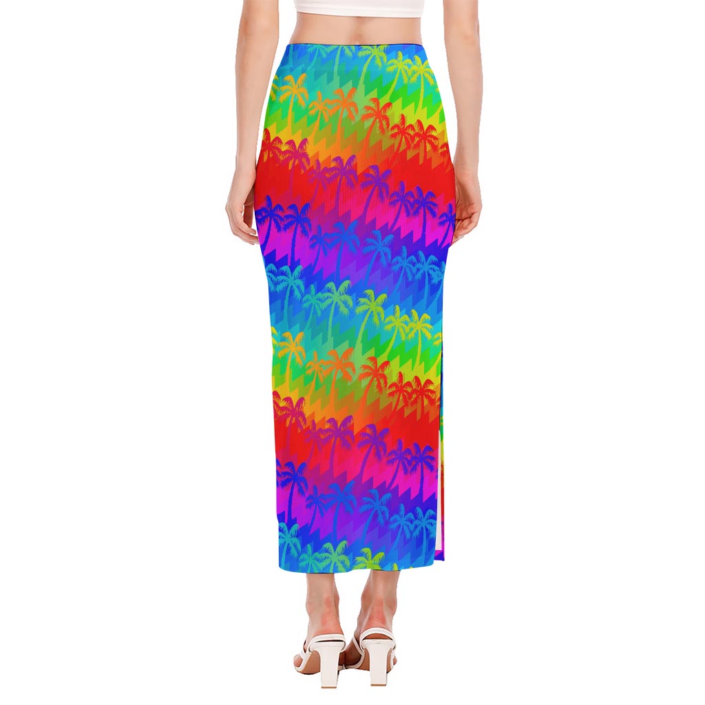 Rainbow Palm Tree Pattern Print Side Slit Maxi Skirt