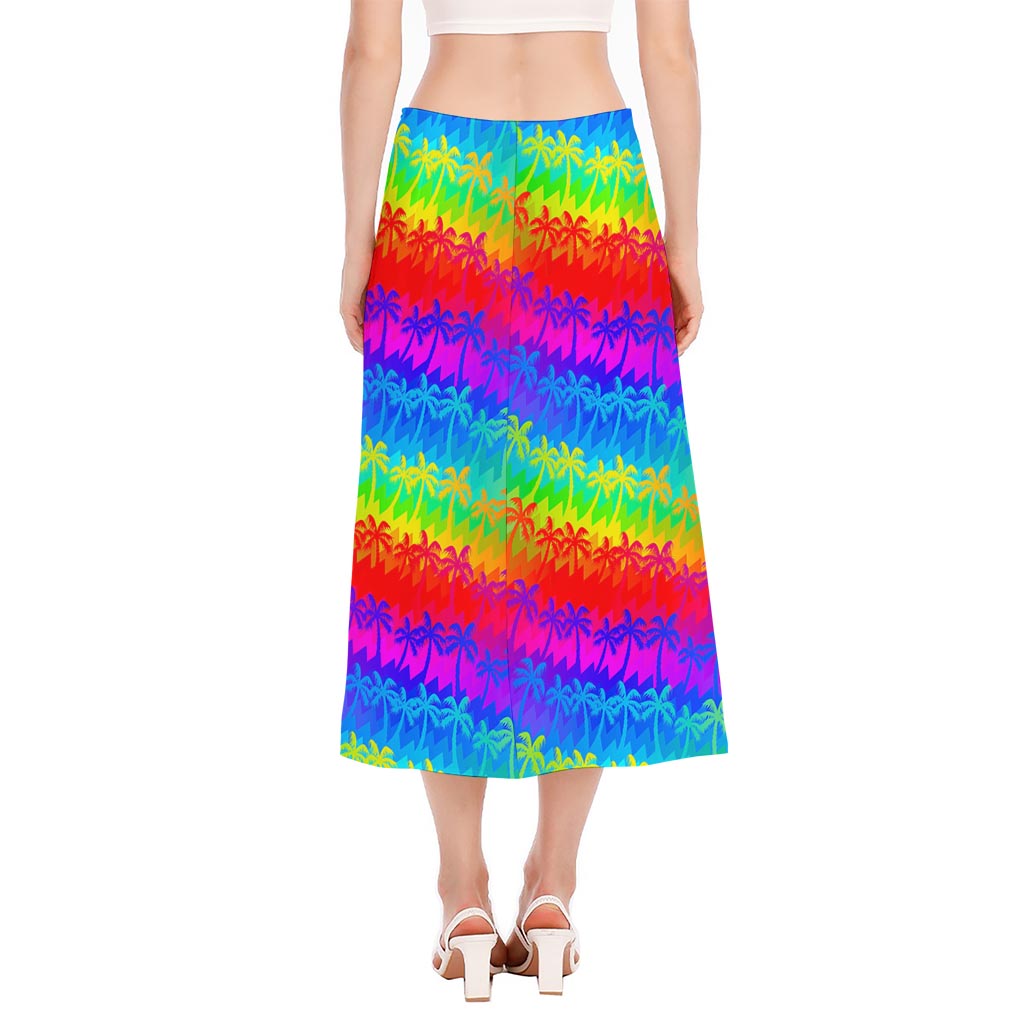 Rainbow Palm Tree Pattern Print Side Slit Midi Skirt