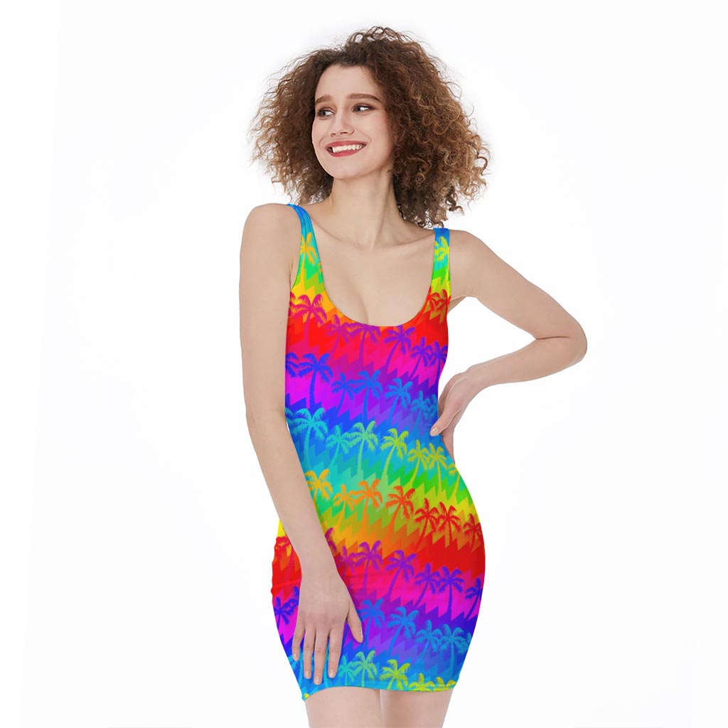 Rainbow Palm Tree Pattern Print Sleeveless Bodycon Dress