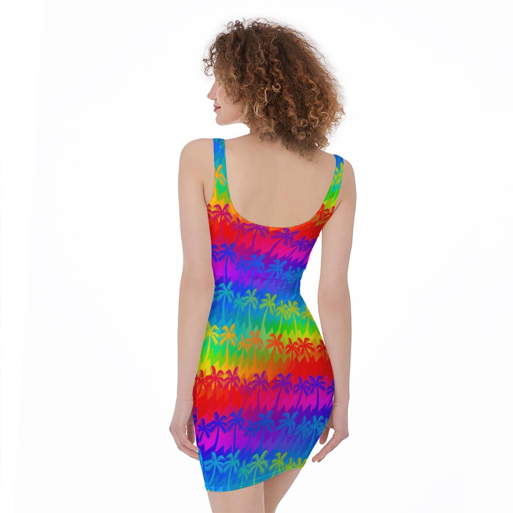 Rainbow Palm Tree Pattern Print Sleeveless Bodycon Dress