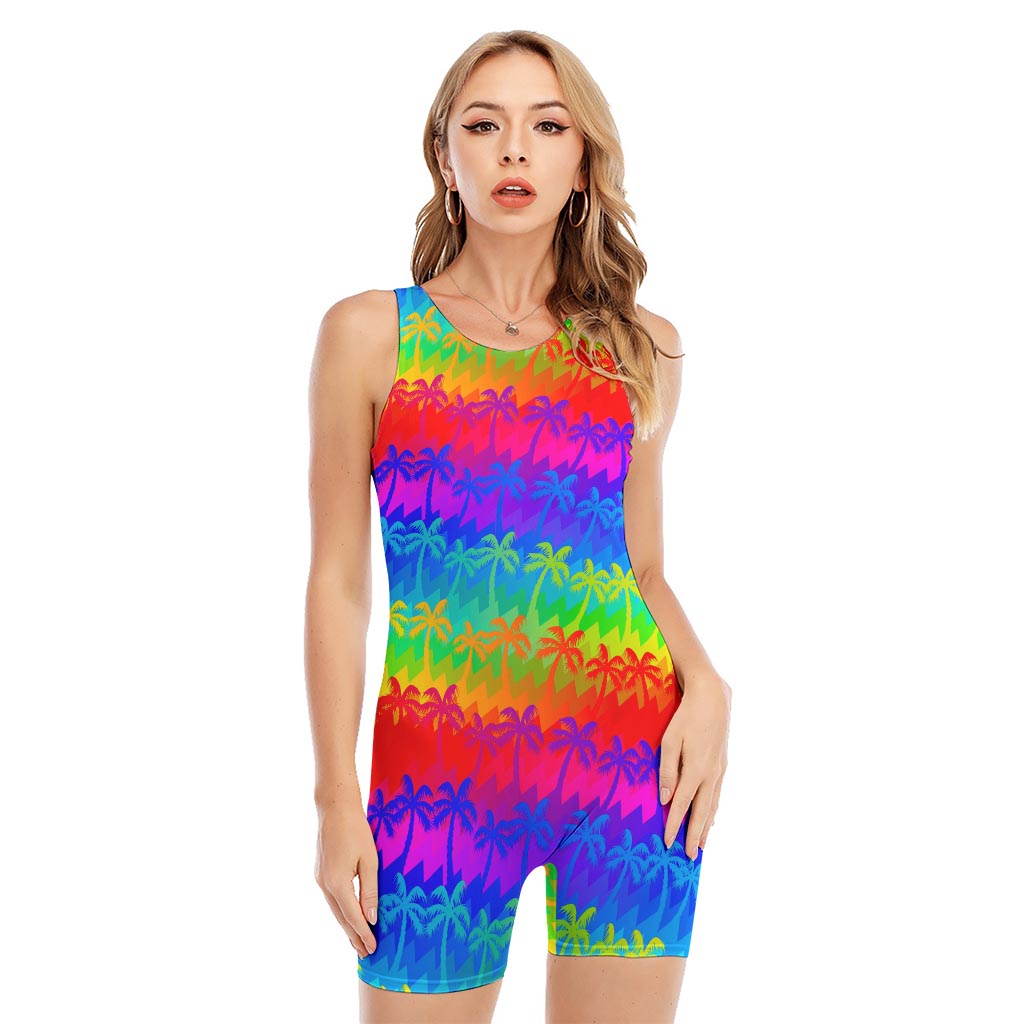 Rainbow Palm Tree Pattern Print Sleeveless One Piece Swimsuit