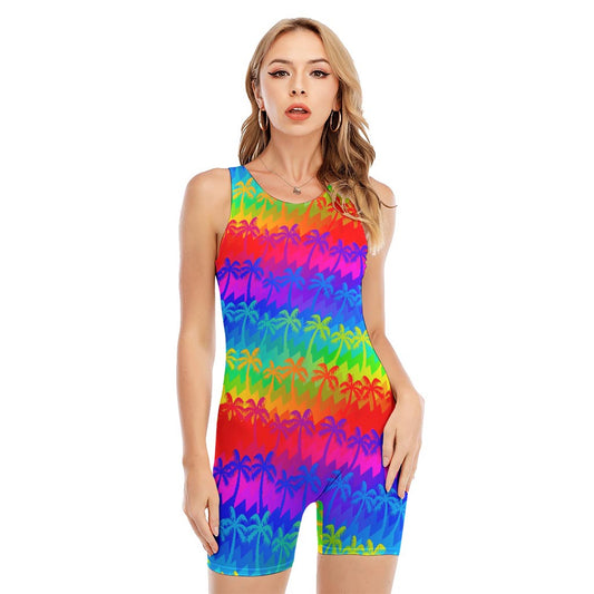 Rainbow Palm Tree Pattern Print Sleeveless One Piece Swimsuit