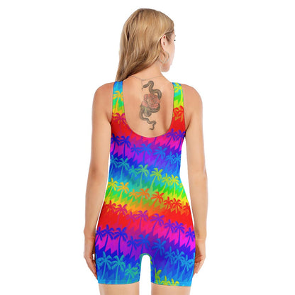 Rainbow Palm Tree Pattern Print Sleeveless One Piece Swimsuit
