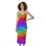 Rainbow Palm Tree Pattern Print Slim Fit Midi Cami Dress