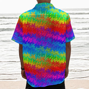 Rainbow Palm Tree Pattern Print Textured Short Sleeve Shirt