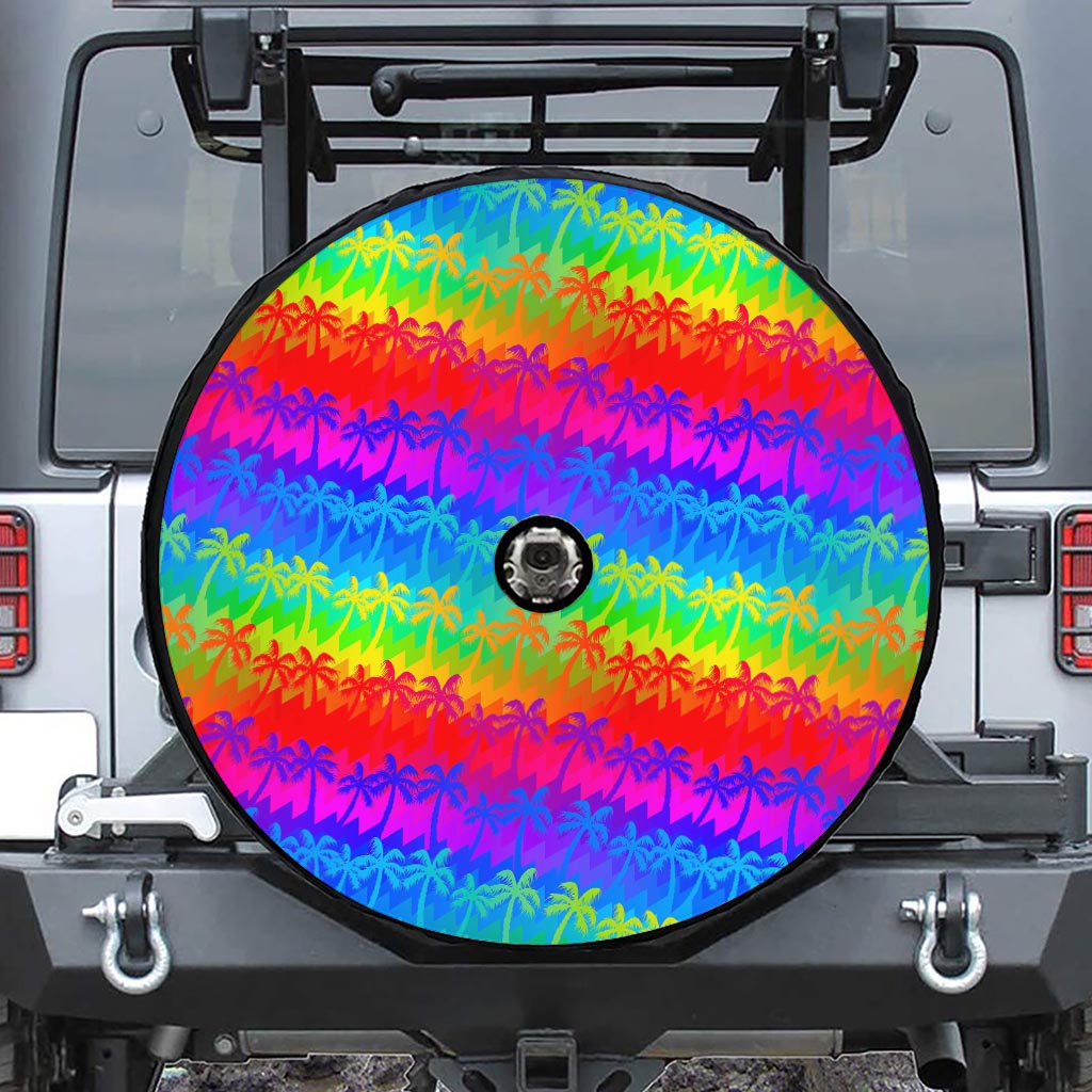 Rainbow Palm Tree Pattern Print Tire Cover With Camera Hole