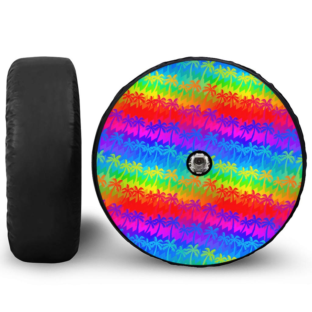 Rainbow Palm Tree Pattern Print Tire Cover With Camera Hole