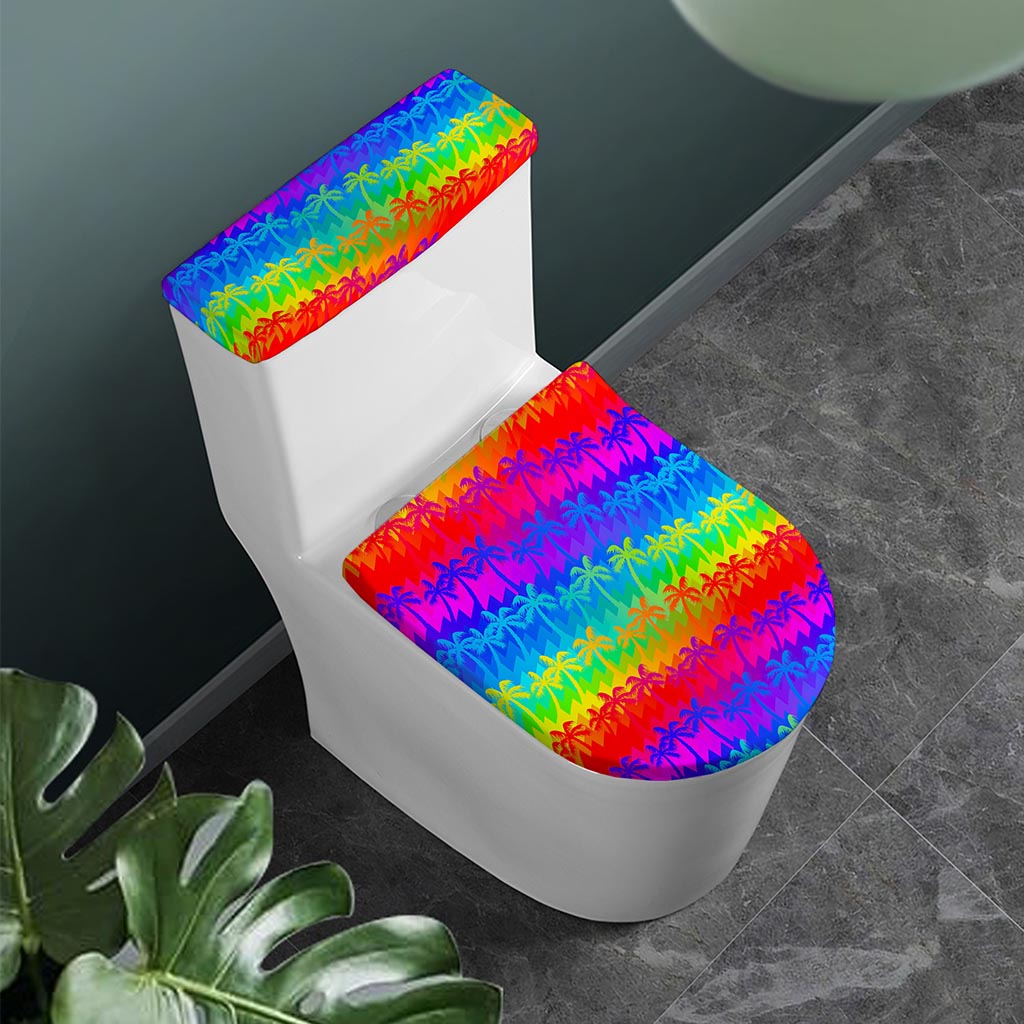 Rainbow Palm Tree Pattern Print Toilet Lid And Tank Cover Set