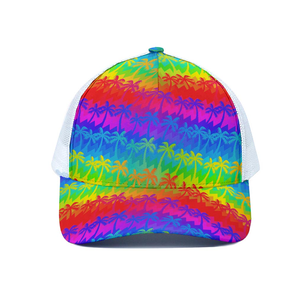 Rainbow Palm Tree Pattern Print White Mesh Trucker Cap