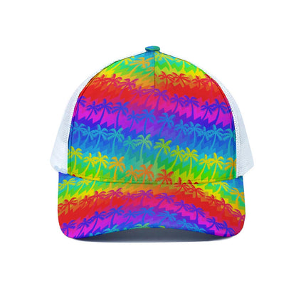 Rainbow Palm Tree Pattern Print White Mesh Trucker Cap