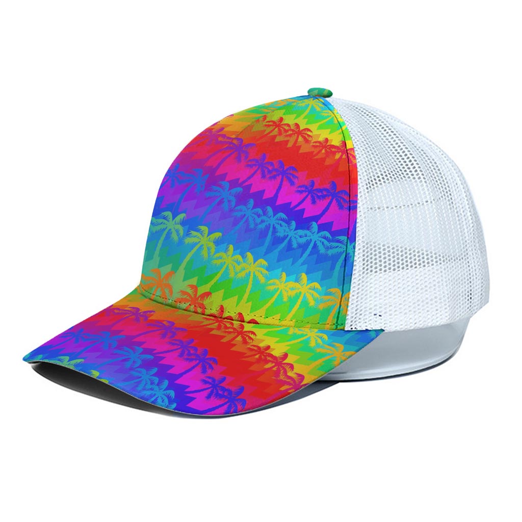 Rainbow Palm Tree Pattern Print White Mesh Trucker Cap