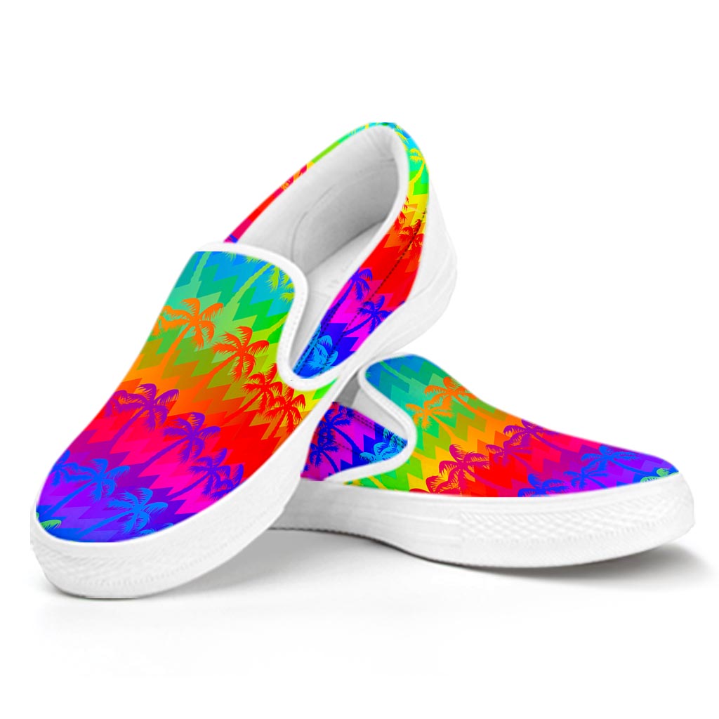 Rainbow Palm Tree Pattern Print White Slip On Sneakers