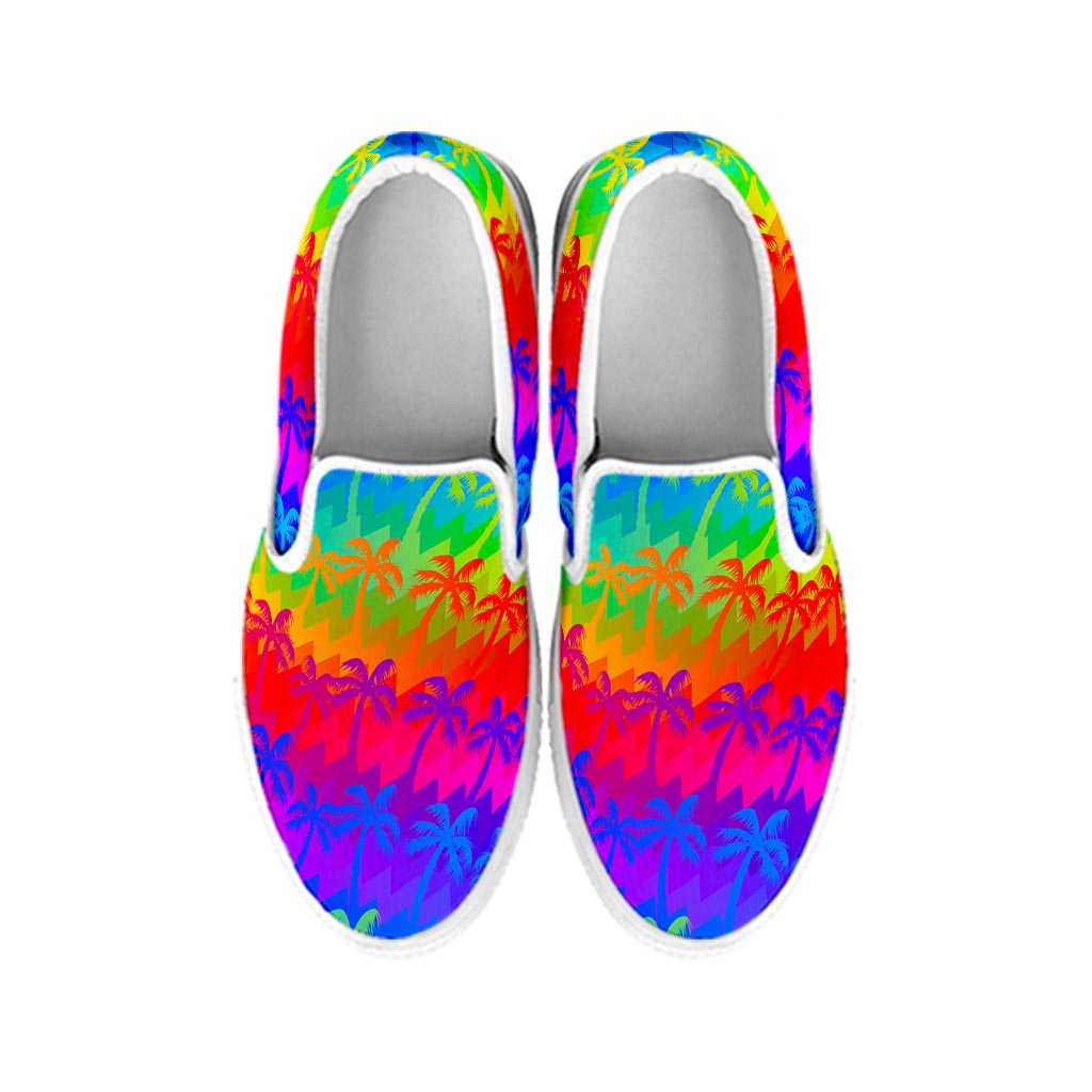 Rainbow Palm Tree Pattern Print White Slip On Sneakers