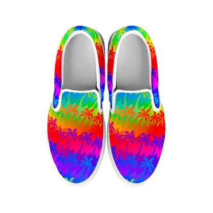 Rainbow Palm Tree Pattern Print White Slip On Sneakers