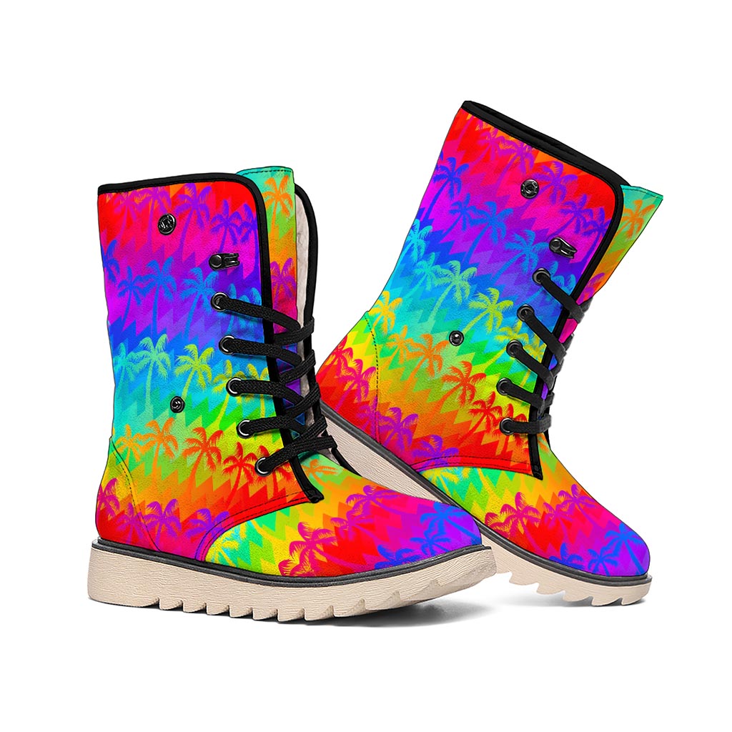 Rainbow Palm Tree Pattern Print Winter Boots