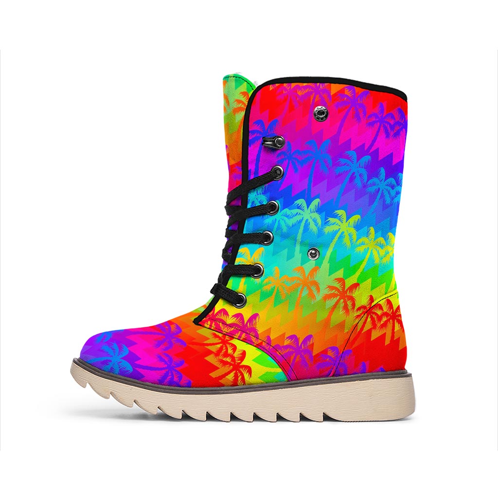 Rainbow Palm Tree Pattern Print Winter Boots