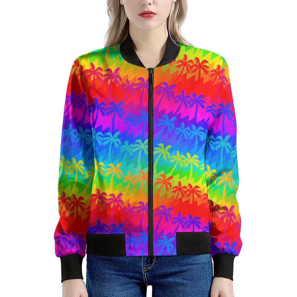 Rainbow Palm Tree Pattern Print Women's Bomber Jacket