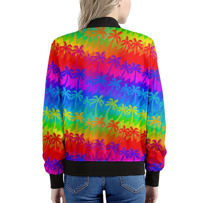 Rainbow Palm Tree Pattern Print Women's Bomber Jacket