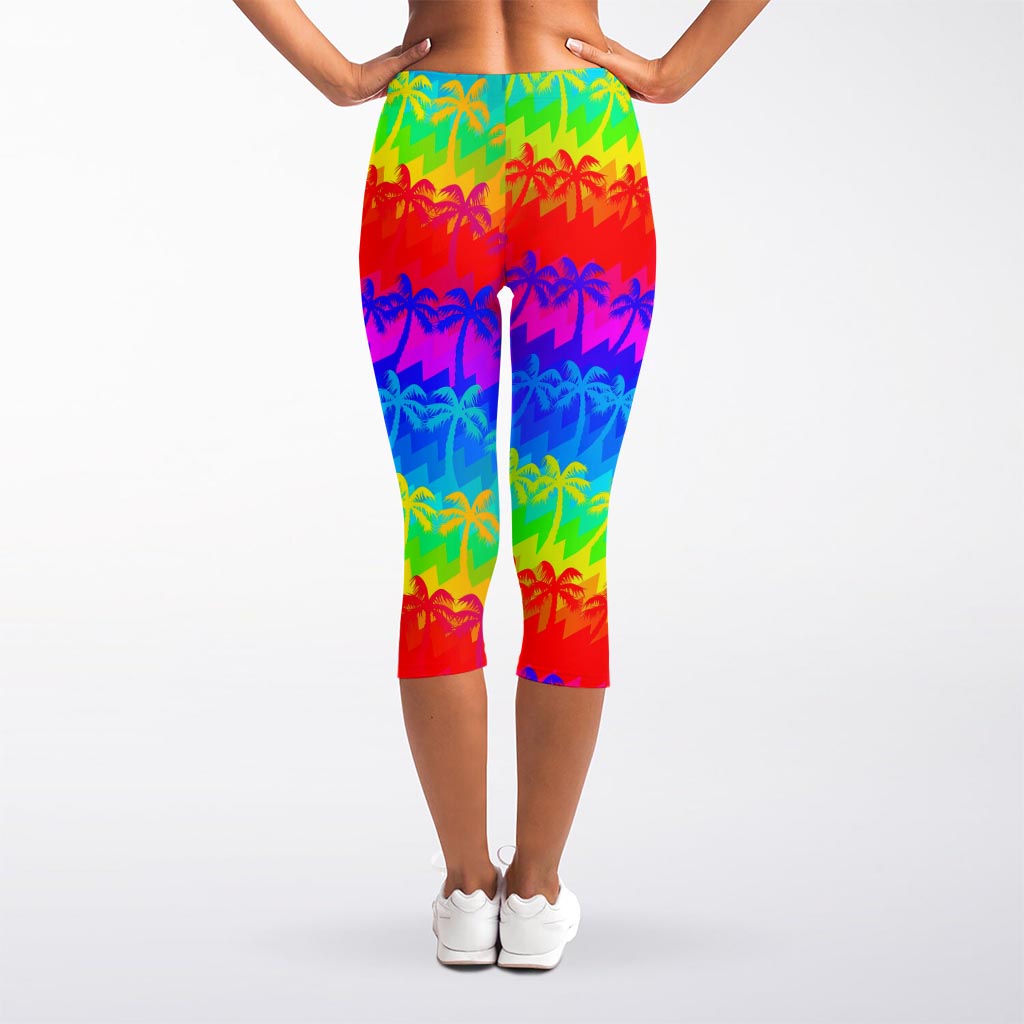 Rainbow Palm Tree Pattern Print Women's Capri Leggings