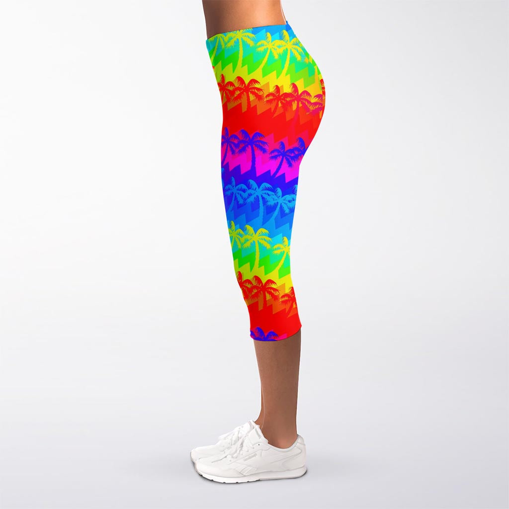 Rainbow Palm Tree Pattern Print Women's Capri Leggings