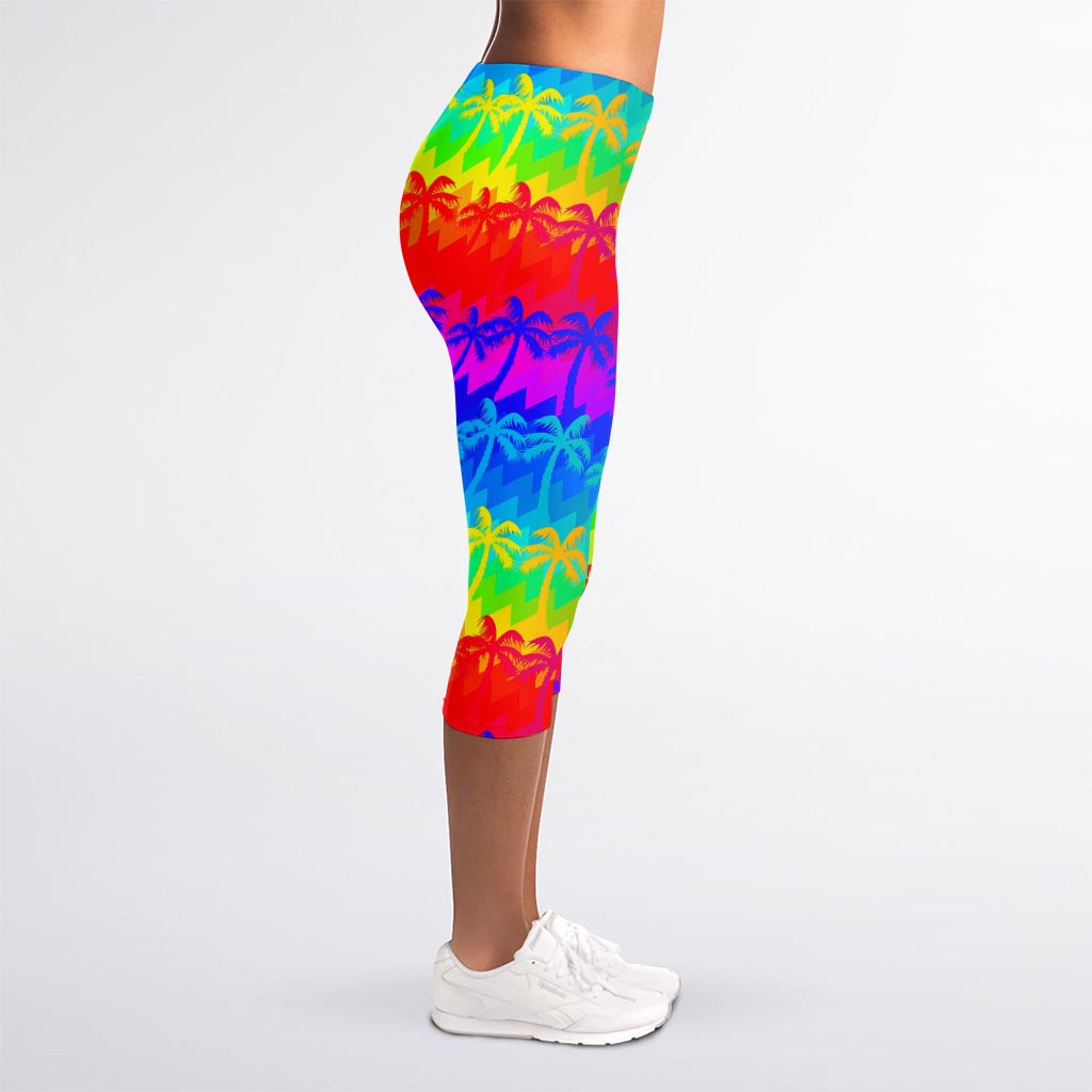 Rainbow Palm Tree Pattern Print Women's Capri Leggings