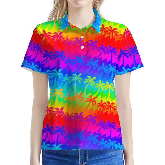 Rainbow Palm Tree Pattern Print Women's Polo Shirt