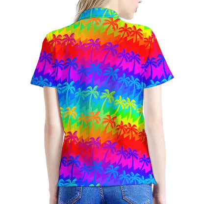 Rainbow Palm Tree Pattern Print Women's Polo Shirt