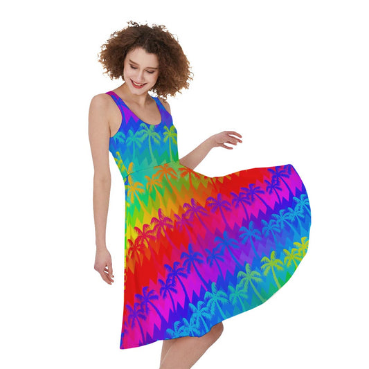 Rainbow Palm Tree Pattern Print Women's Sleeveless Dress