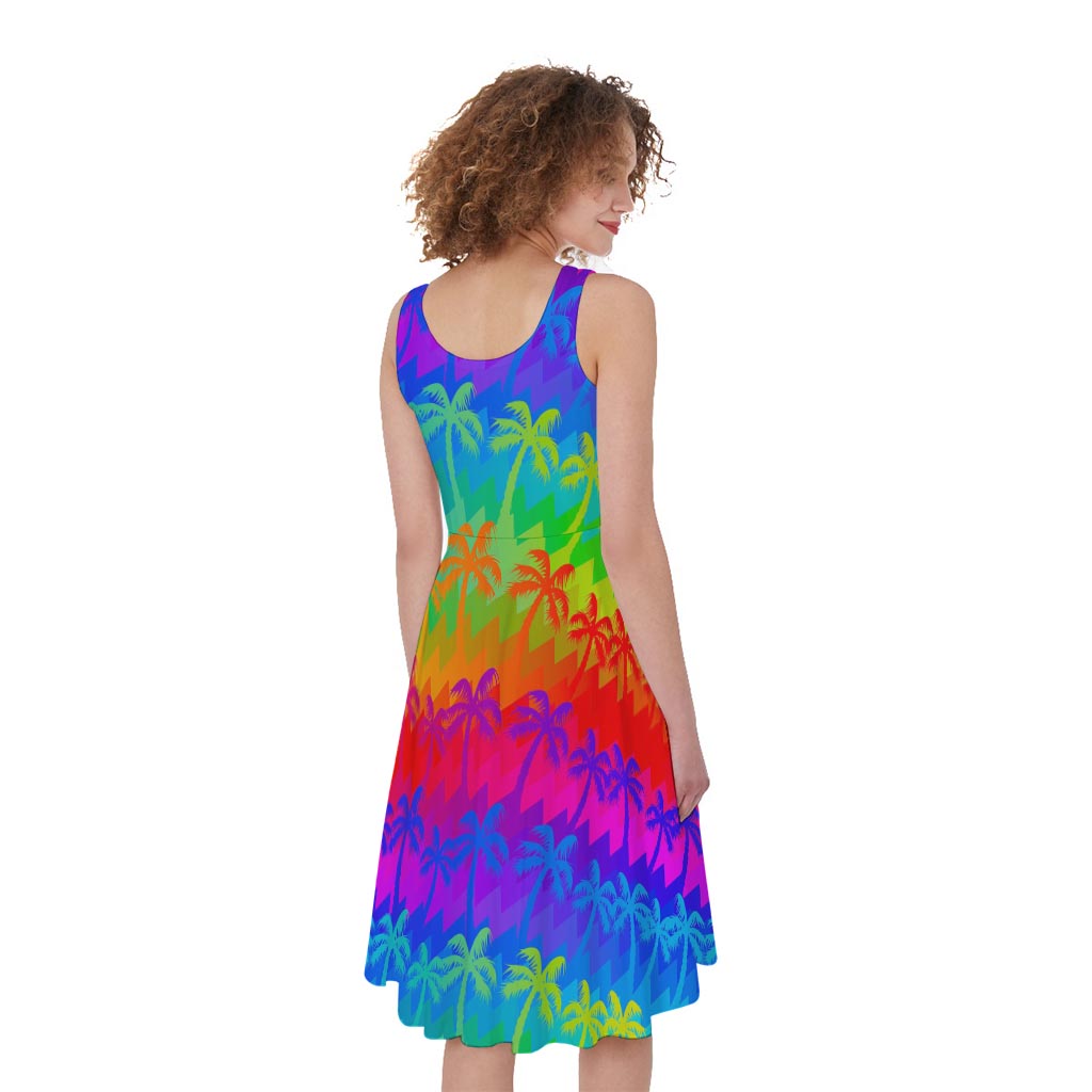 Rainbow Palm Tree Pattern Print Women's Sleeveless Dress
