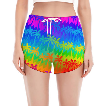 Rainbow Palm Tree Pattern Print Women's Split Running Shorts