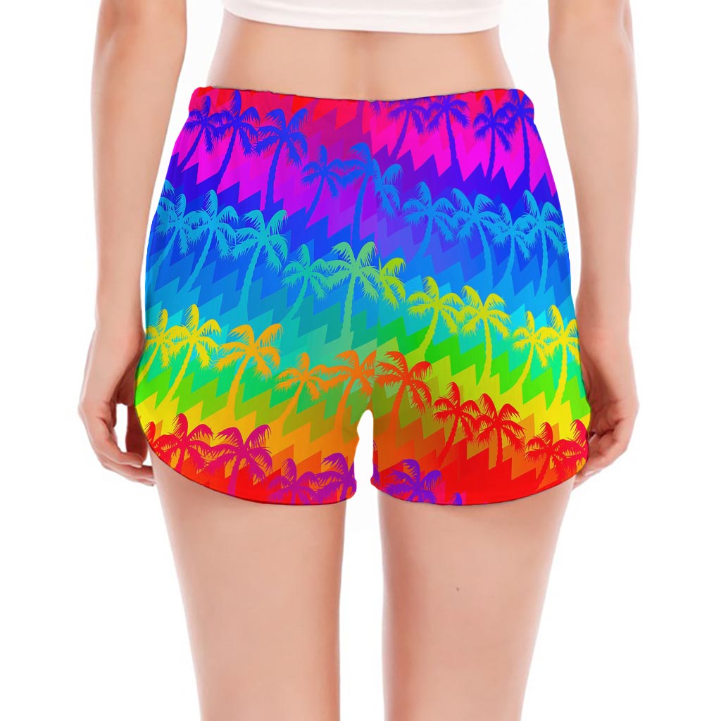 Rainbow Palm Tree Pattern Print Women's Split Running Shorts