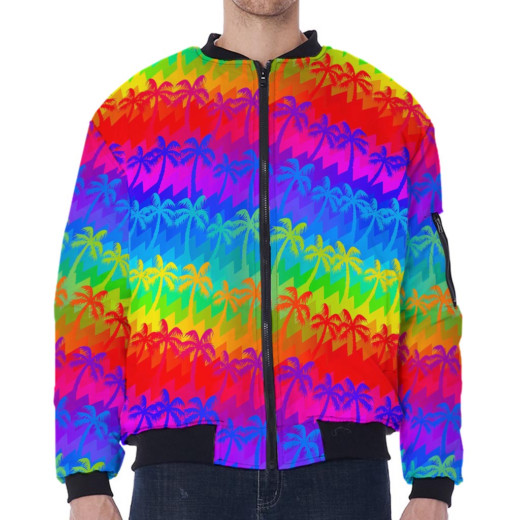 Rainbow Palm Tree Pattern Print Zip Sleeve Bomber Jacket