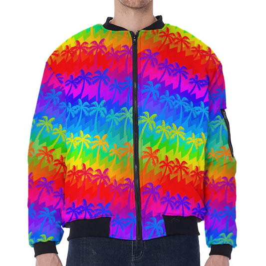 Rainbow Palm Tree Pattern Print Zip Sleeve Bomber Jacket
