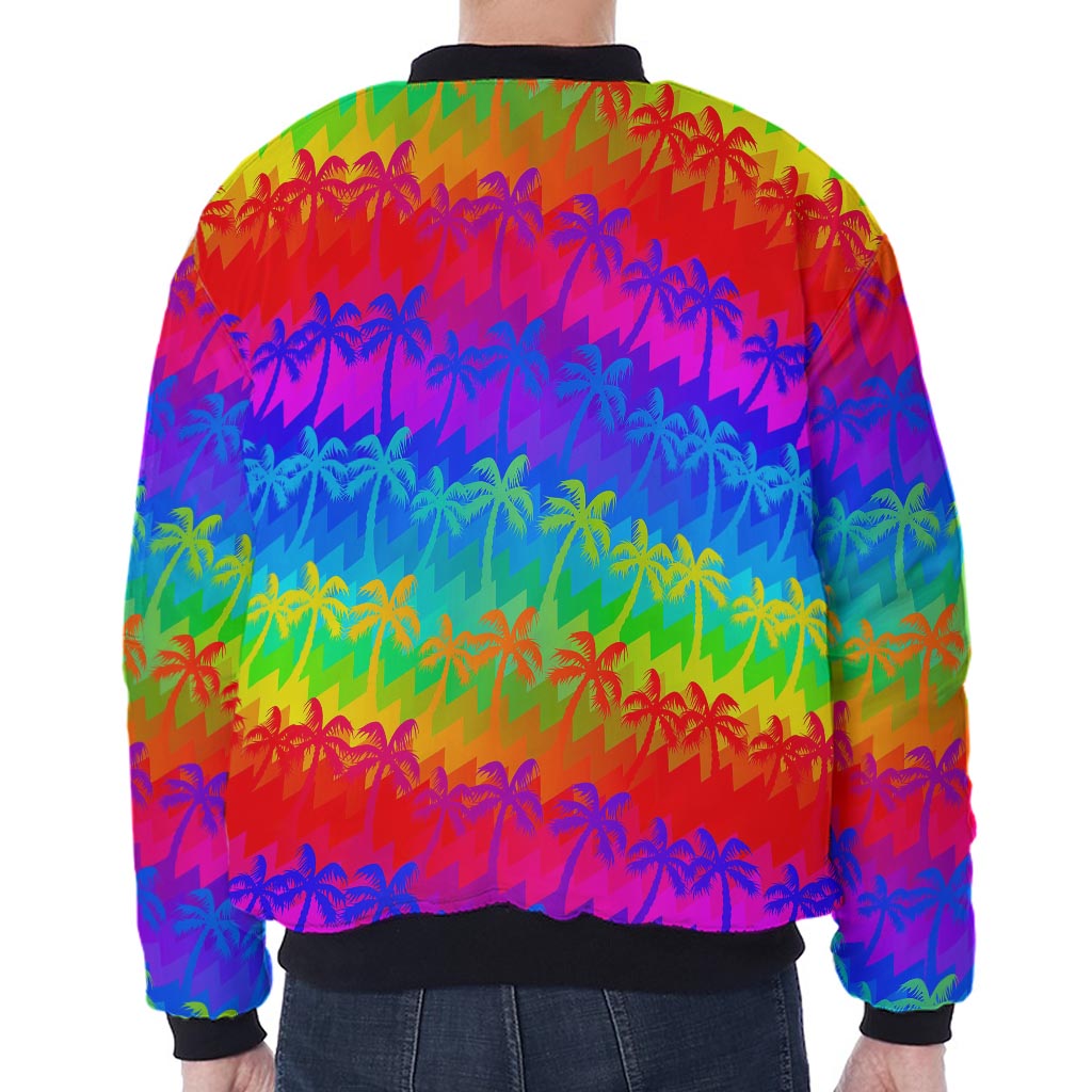 Rainbow Palm Tree Pattern Print Zip Sleeve Bomber Jacket