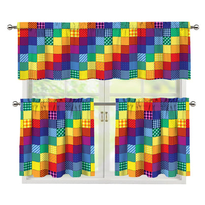 Rainbow Patchwork Pattern Print 3 Piece Kitchen Curtains