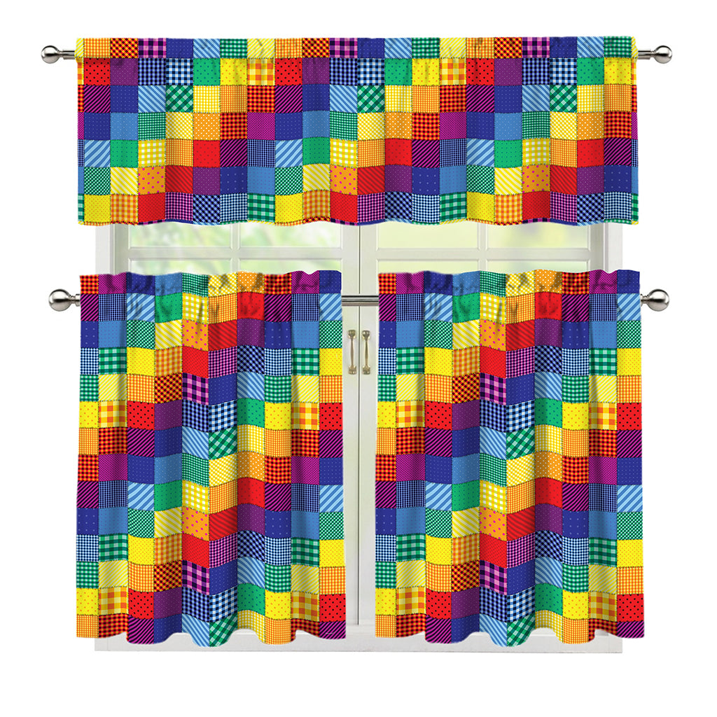 Rainbow Patchwork Pattern Print 3 Piece Kitchen Curtains
