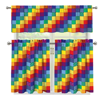 Rainbow Patchwork Pattern Print 3 Piece Kitchen Curtains