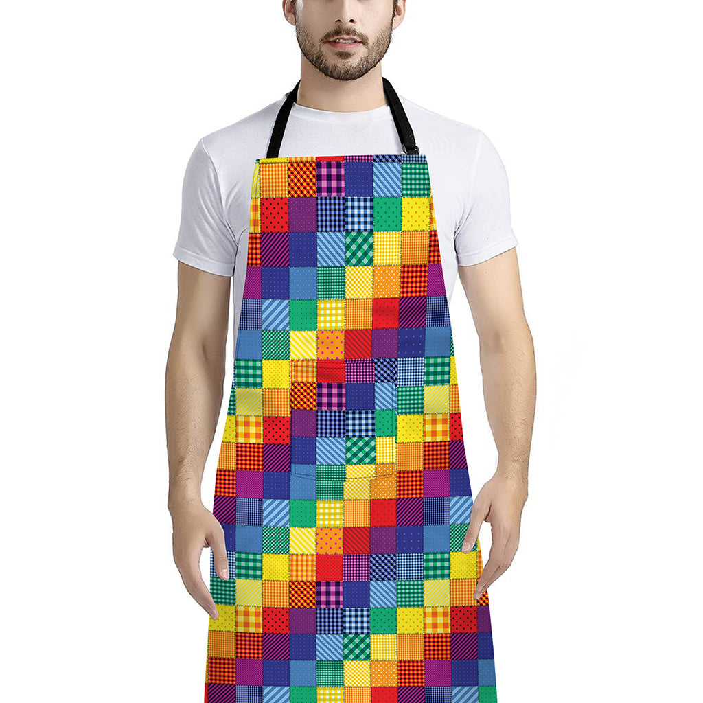 Rainbow Patchwork Pattern Print Bib Apron With Pocket