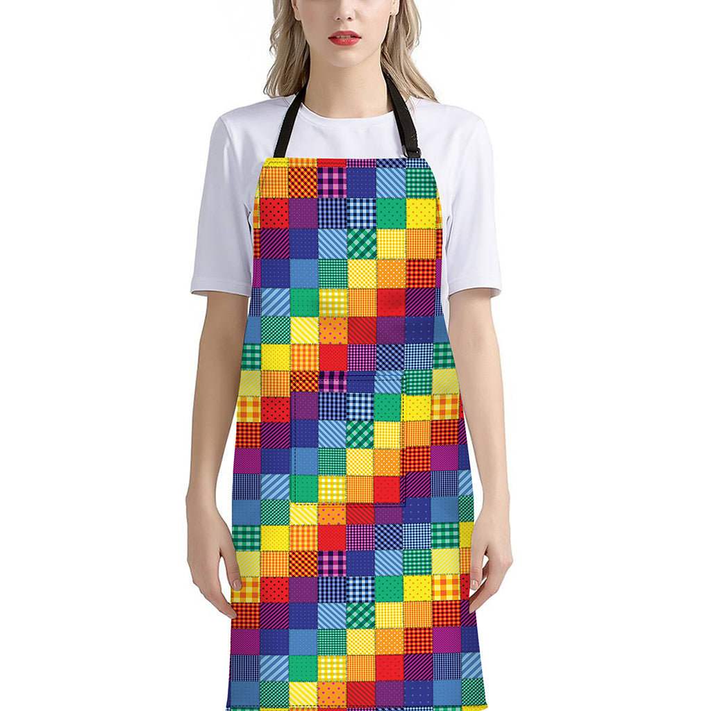 Rainbow Patchwork Pattern Print Bib Apron With Pocket