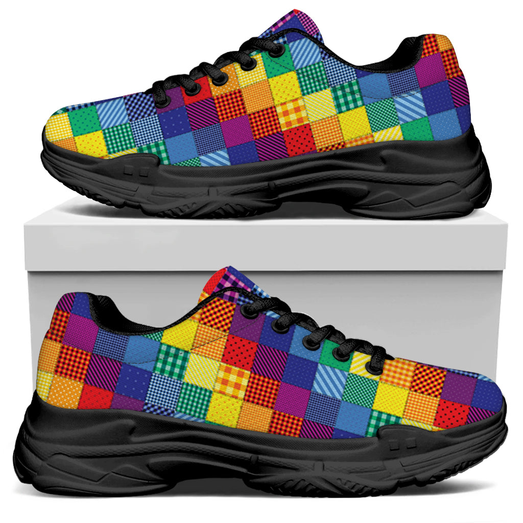 Rainbow Patchwork Pattern Print Black Chunky Shoes