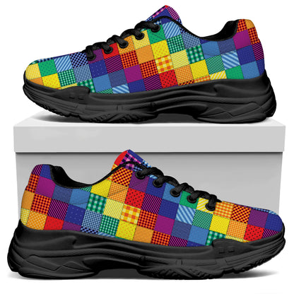 Rainbow Patchwork Pattern Print Black Chunky Shoes
